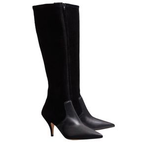 Tory Burch Georgina Black Suede Leather Knee High Heel Boots